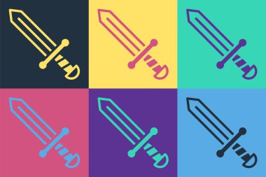 Pop Art Ortaçağ kılıç ikonu renk arkaplanında izole edilmiş. Ortaçağ silahı. Vektör.