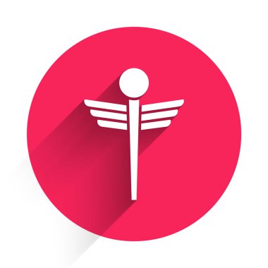 Beyaz Caduceus yılan tıbbi sembolü uzun gölgeli izole edilmiş. İlaç ve sağlık hizmetleri. Eczane, ilaç, eczane amblemi. Kırmızı daire düğmesi. Vektör.