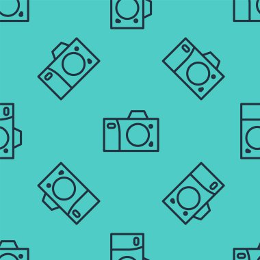 Siyah çizgi fotoğraf makinesi simgesi yeşil arkaplandaki kusursuz deseni izole etti. Fotoğraf makinesi simgesi. Vektör İllüstrasyonu.