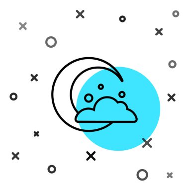 Siyah çizgi Ay ve yıldız simgesi beyaz arkaplanda izole edildi. Bulutlu gece işareti. Uyku rüyalarının sembolü. Gece ya da yatak zamanı tabelası. Rastgele dinamik şekiller. Vektör.