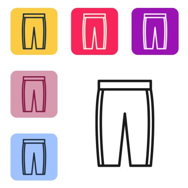 Siyah çizgili golf pantolonu simgesi beyaz arkaplanda izole edilmiş. Spor malzemeleri. Spor üniforması. Renkli kare düğmelerle simgeleri ayarla. Vektör.