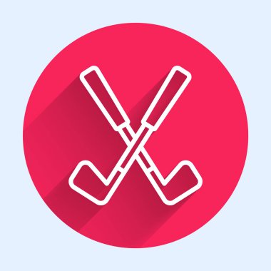 Uzun gölgeli beyaz çizgi golf sopası simgesini aştı. Kırmızı daire düğmesi. Vektör.