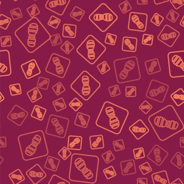 Kahverengi çizgi insan ayak izi ayakkabı ikonu kırmızı arka planda izole edilmiş pürüzsüz desen. Ayakkabı tabanı. Vektör.