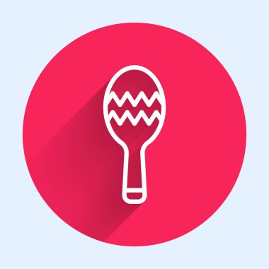 Beyaz çizgi Marakas ikonu uzun gölgeli izole edilmiş. Meksika müzik enstrümanı. Kırmızı daire düğmesi. Vektör.