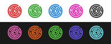 Siyah ve beyaz arkaplanda Minotaur labirenti ya da labirent simgesi belirle. Antik Yunan mitolojisi. Vektör.