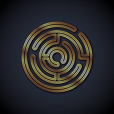 Altın çizgili Minotaur labirenti ya da labirent simgesi siyah arka planda izole edilmiş. Antik Yunan mitolojisi. Vektör.