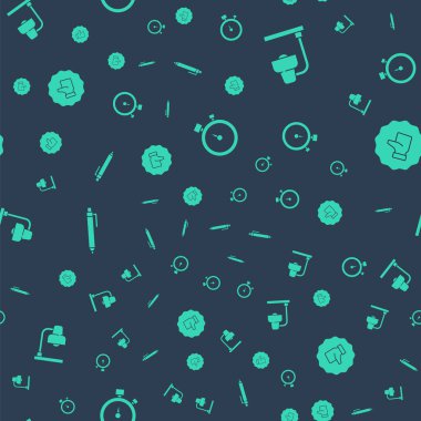 Kronometre, masa lambası, kalem ve el başparmağını kusursuz desene ayarlayın. Vektör.