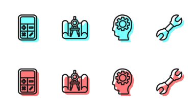 İnsan kafası, içinde ekipman, çizelge kağıdı, pusula ve İngiliz anahtarı simgesi olan bir hat ayarla. Vektör.