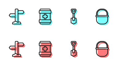 Kürek, trafik levhası, ilk yardım çantası ve kamp ikonu. Vektör.