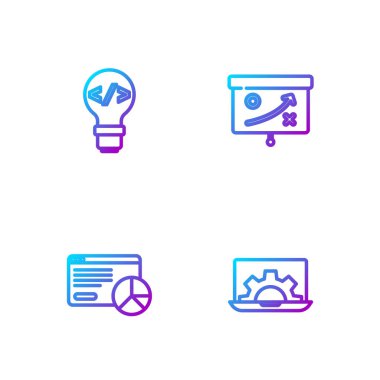 Web geliştirme hattı, web sitesi istatistiği, ön uç ve planlama stratejisi kavramı. Renk simgeleri. Vektör.