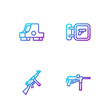 Hattı ayarla, makineli tüfek M3, Tommy, Collimator görüş ve av silahı. Renk simgeleri. Vektör.