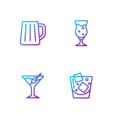 Bir bardak viski, martini bardağı, tahta bira bardağı ve... Renk simgeleri. Vektör.