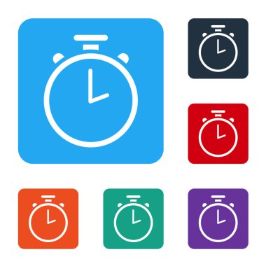 Beyaz Kronometre simgesi beyaz arkaplanda izole edildi. Zaman göstergesi. Kronometre işareti. Renkli kare düğmelerle simgeleri ayarla. Vektör İllüstrasyonu.