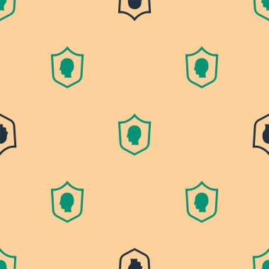 Yeşil ve siyah kullanıcı koruma simgesi bej arka planda izole edilmiş pürüzsüz desen. Güvenli kullanıcı girişi, şifre koruması, kişisel veri koruması, kimlik doğrulaması. Vektör.