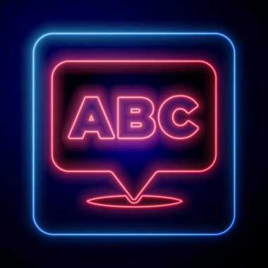 Parlayan neon alfabe simgesi mavi arkaplanda izole edildi. Vektör.