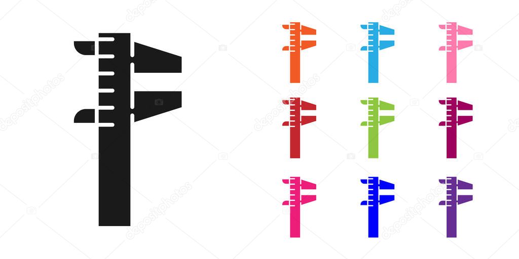 Black Calliper or caliper and scale icon isolated on white background. Precision measuring tools. Set icons colorful. Vector Illustration.
