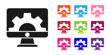 Siyah Yazılım, Web Geliştirme, programlama konsepti simgesi beyaz arka planda izole edilmiş. Programlama dili ve program kodu ekranda. Simgeleri renklendirin. Vektör.