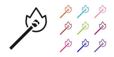 Beyaz arka planda izole edilmiş ateş ikonu ile siyah yakma kibriti. Ateşle maç. Kibrit işareti. Simgeleri renklendirin. Vektör.