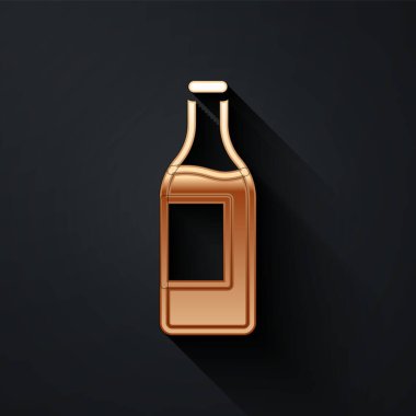 Siyah arka planda izole edilmiş altın şarap şişesi ikonu. Uzun gölge tarzı. Vektör.