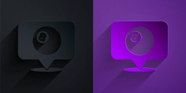 Kağıt kesiği, bilardo bilardo topu ile harita işaretleyici ve mor zemin üzerinde 8 numaralı simge izole edilmiş. Kağıt sanatı tarzı. Vektör.