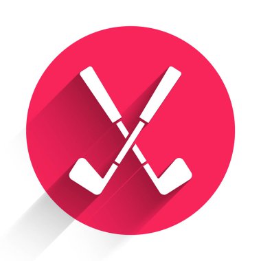 Beyaz Haçlı Golf Kulübü ikonu uzun gölgeli izole edilmiş. Kırmızı daire düğmesi. Vektör.