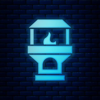 Mavi Tuğla soba ikonu kırmızı arka planda izole edilmiş pürüzsüz desen. Tuğla şömine, taş ocağı, taş fırın ikonu. Vektör.