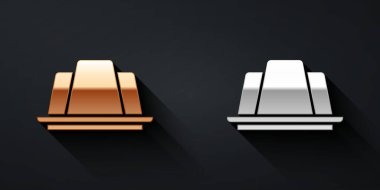 Siyah arka planda izole edilmiş altın ve gümüş renkli jöleli pasta ikonu. Jöleli puding. Uzun gölge tarzı. Vektör.