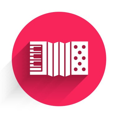 Beyaz Müzikal enstrüman akordeon ikonu uzun gölgeli izole edilmiş. Klasik bayan, harmonik. Kırmızı daire düğmesi. Vektör.