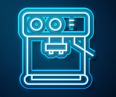 Parlayan neon hattı kahve makinesi ikonu mavi arka planda izole edildi. Vektör İllüstrasyonu.