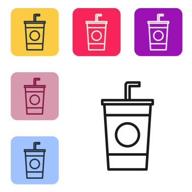 Siyah çizgi kağıt bardak, beyaz arka planda izole edilmiş saman ve su ikonu içeriyor. Soda bardağı. Taze soğuk içecek sembolü. Renkli kare düğmelerle simgeleri ayarla. Vektör İllüstrasyonu.