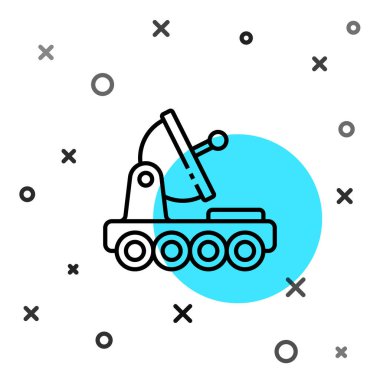 Siyah çizgi Mars gezgini simgesi beyaz arka planda izole edildi. Uzay aracı. Ay yürüyüşü işareti. Gezegen yüzeyini incelemek için bir cihaz. Rastgele dinamik şekiller. Vektör.