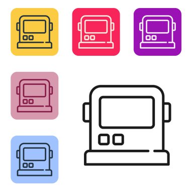 Siyah çizgi astronot başlığı simgesi beyaz arkaplanda izole edildi. Renkli kare düğmelerle simgeleri ayarla. Vektör.