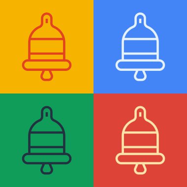 Pop sanat eseri alarm zili simgesi çalması renk arkaplanından izole edildi. Yangın alarmı. Servis zili, el zili işareti, uyarı sembolü. Vektör.