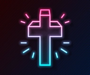 Parlayan neon hattı Hıristiyan çapraz simgesi siyah arka planda izole edildi. Kilise haçı. Vektör.