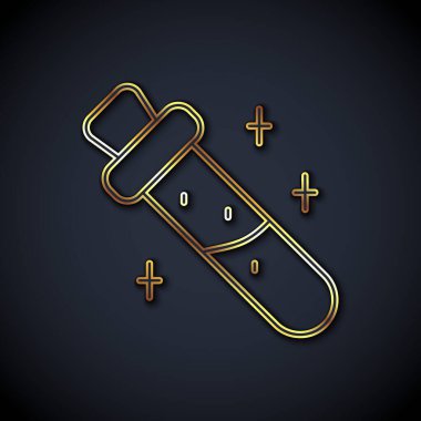 Siyah arka planda ikon ikonu olan altın çizgi şişesi. Sihirli iksirli matara. Vektör.