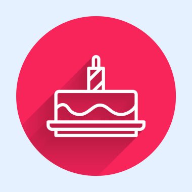 Uzun gölgeli, yanan mum ikonlu beyaz çizgi keki. Doğum günün kutlu olsun. Kırmızı daire düğmesi. Vektör.