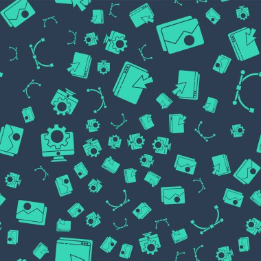 Web tasarım ve geliştirme, resim manzarası, bilgisayar monitörü ve dişli ve Bezier eğrisini kusursuz desen üzerine ayarla. Vektör.