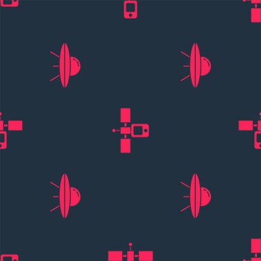 UFO uzay gemisini ve uyduyu kusursuz desene ayarlayın. Vektör.