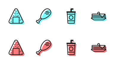 Saman, Onigiri, tavuk budu ve krep ikonlu çizgi kağıt bardak. Vektör.