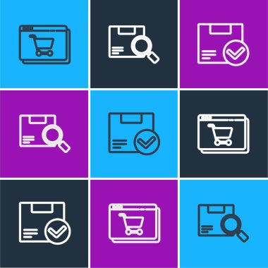 Satır Çevrimiçi alışverişi ekranda, işaretli paket kutusu ve Arama paket simgesini ayarlayın. Vektör.