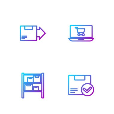 Çizgi paket kutusunu işaretli olarak ayarla, Depo, karton karton ve alışveriş arabası dizüstü bilgisayarı. Renk simgeleri. Vektör.