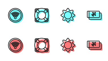 Set hattı Sun, Wi-Fi kablosuz internet ağı, Lifebuoy ve Airline bilet ikonu. Vektör.