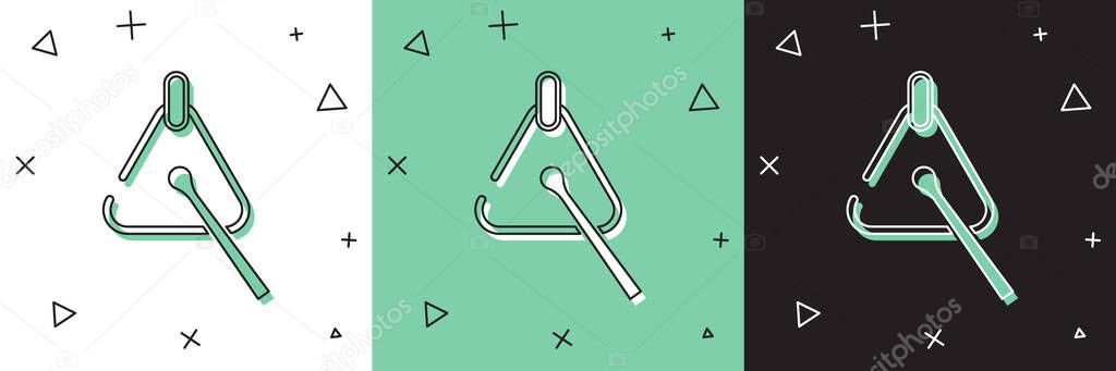 Set Triangle musical instrument icon isolated on white and green, black background.  Vector.