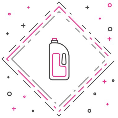 Boşaltma temizleyici simgesine sahip çizgi taşıyıcısı beyaz arkaplanda izole edildi. Plastik şişedeki deterjan. Renkli taslak konsepti. Vektör İllüstrasyonu.