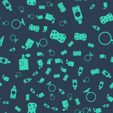 Baloncuklu Sünger, bir şişe şampuan, parfüm ve yuvarlak makyaj aynasını pürüzsüz desene ayarlayın. Vektör.