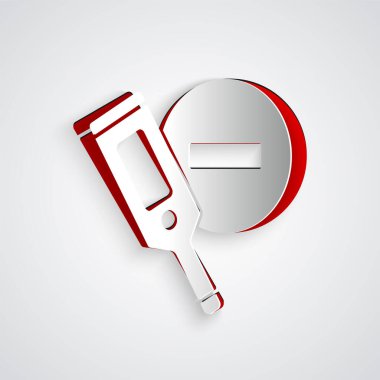 Tıbbi muayene ikonu için kağıt kesilmiş dijital termometre gri arka planda izole edilmiş. Kağıt sanatı tarzı. Vektör.