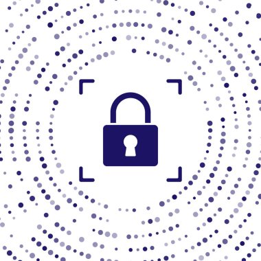 Beyaz arkaplanda kilit simgesi olan mavi parmak izi. Kimlik uygulaması simgesi. Kimlik işareti. Kimliğe dokun. Soyut çember rastgele noktalar. Vektör.