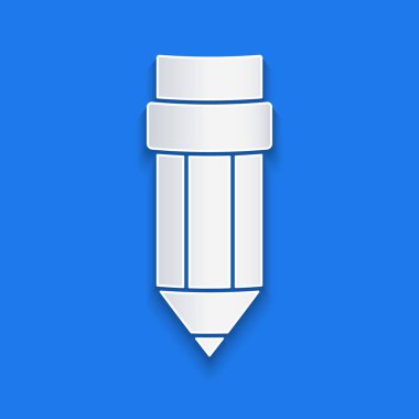 Kağıt kesiği. Mavi arkaplanda silgi simgesi var. Çizim ve eğitim araçları. Okul sembolü. Kağıt sanatı tarzı. Vektör.