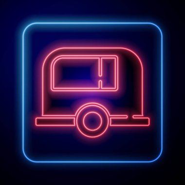 Parlayan neon karavan kamp ikonu mavi arkaplanda izole edildi. Gezici ev, karavan, yolculuk için ev karavanı. Vektör.