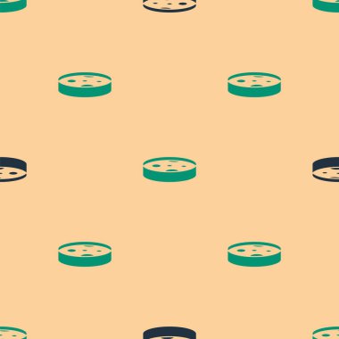 Bakteri ikonlu yeşil ve siyah Petri kabı bej arka planda izole edilmiş pürüzsüz desen. Vektör.